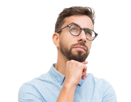 A man with glasses thinking